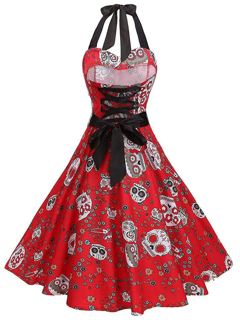 1950S Halloween Skull Printed Halter Vintage Dress