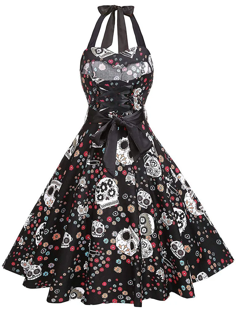 1950S Halloween Skull Printed Halter Vintage Dress