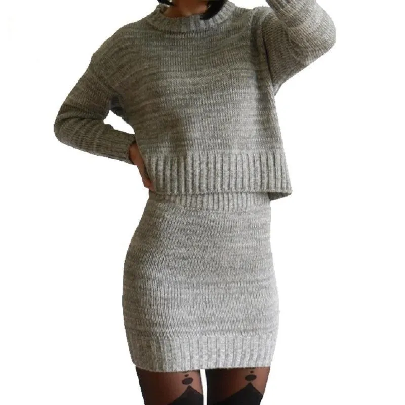 2-Piece Long Sleeve Gray Casual Sweater Dress for Women Ideal for Office