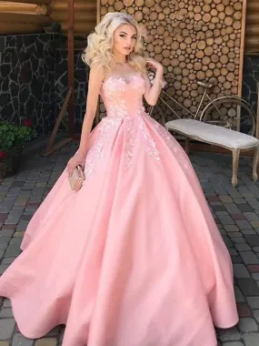 2021 Sweetheart Satin Lace Prom Dresses, A Line Popular Pink Bridal Gowns, Newest Wedding Dresses