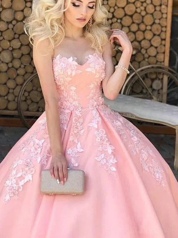 2021 Sweetheart Satin Lace Prom Dresses, A Line Popular Pink Bridal Gowns, Newest Wedding Dresses