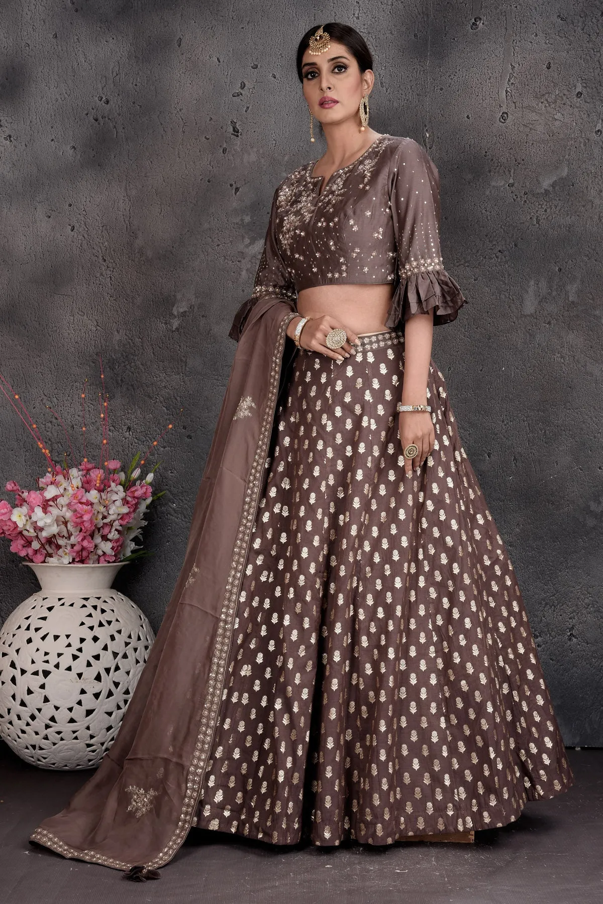 503012 Brown Embroidered Designer Lehenga with Dupatta