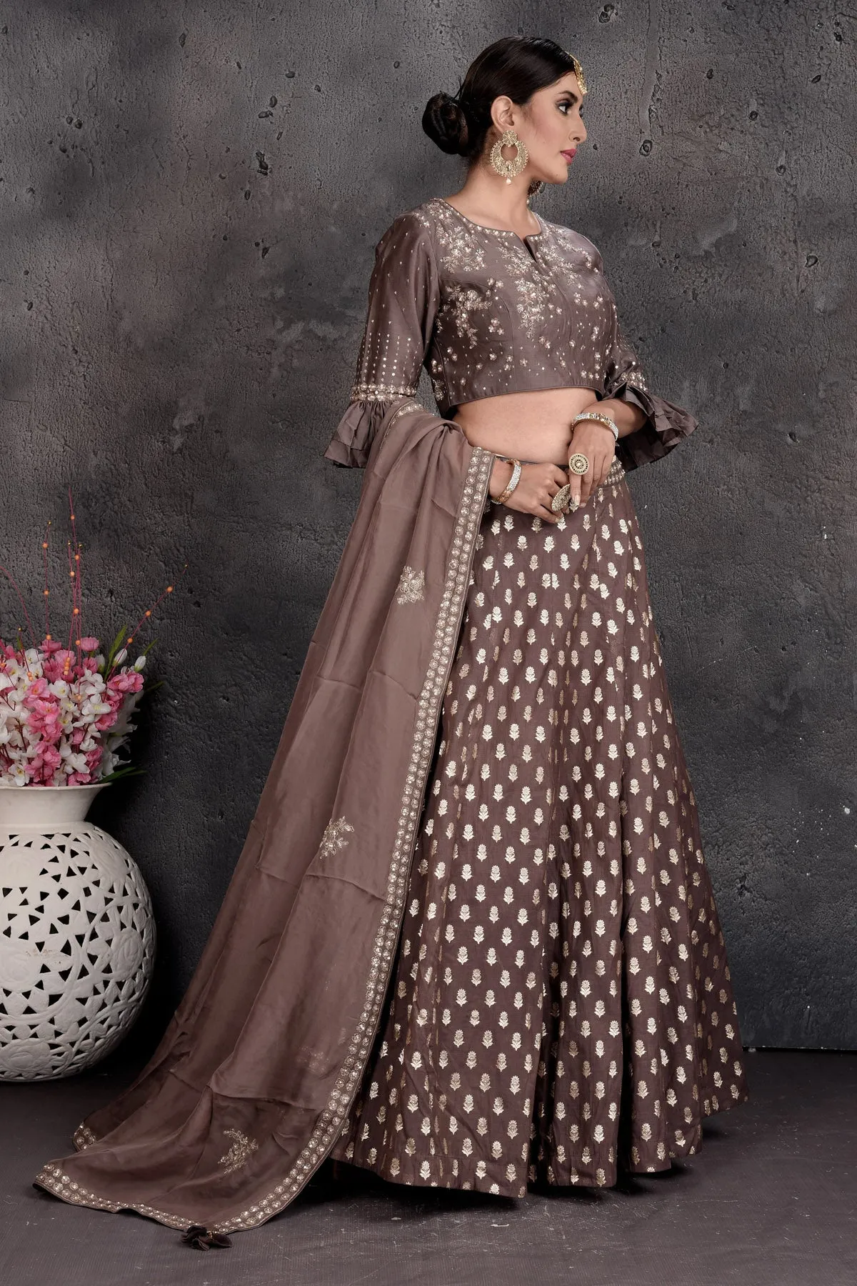 503012 Brown Embroidered Designer Lehenga with Dupatta