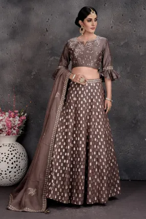 503012 Brown Embroidered Designer Lehenga with Dupatta