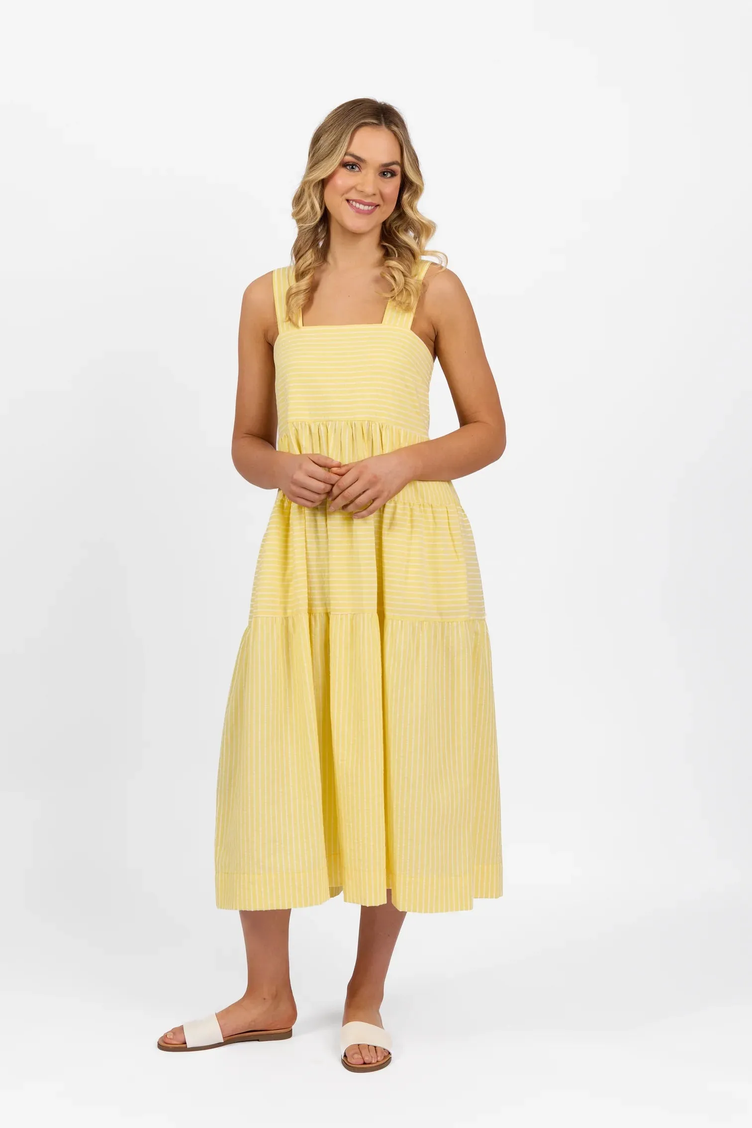 6099 Yellow Stripe- Sleeveless Tiered Dress with Wide Straps