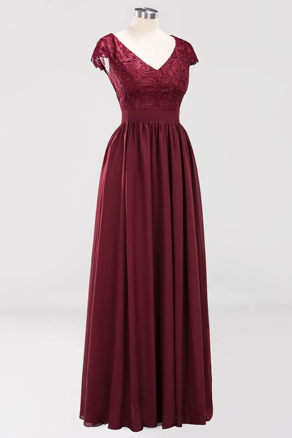 A-line Chiffon Lace V-Neck Sleeveless Long Bridesmaid Dresses with Ruffles