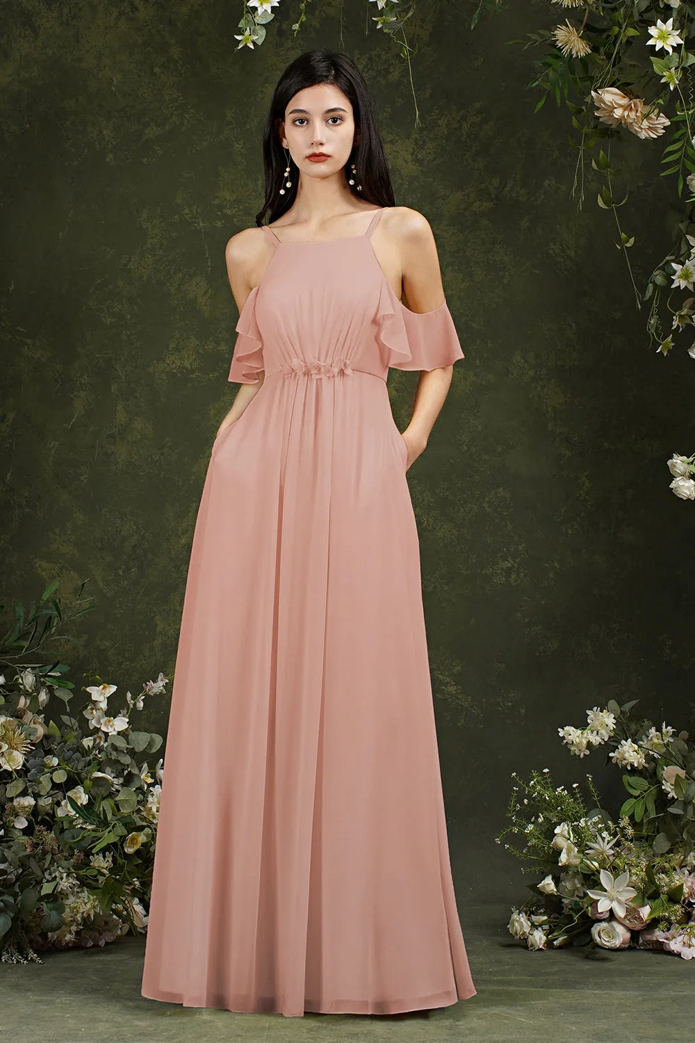 A-Line Chiffon Spaghetti Straps Long Bridesmaid Dress With Pockets