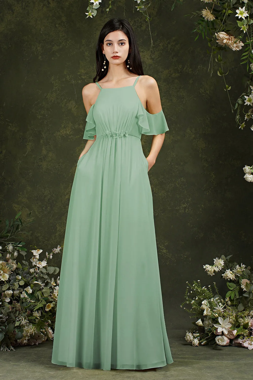 A-Line Chiffon Spaghetti Straps Long Bridesmaid Dress With Pockets