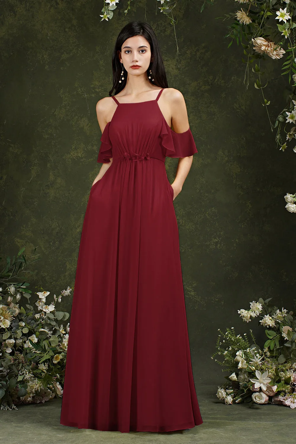 A-Line Chiffon Spaghetti Straps Long Bridesmaid Dress With Pockets