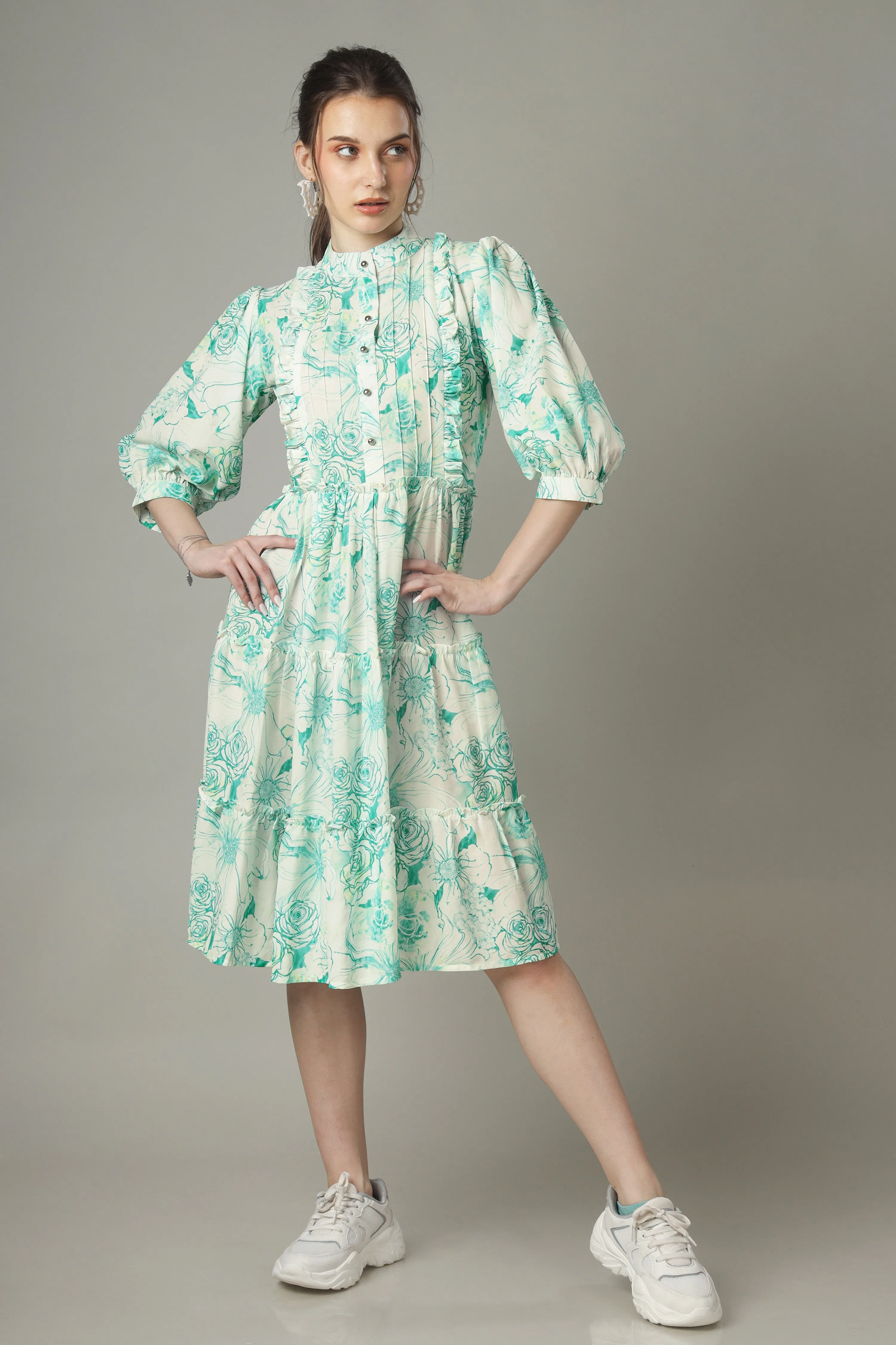 A-Line Floral Button Down Tiered Shirt Dress