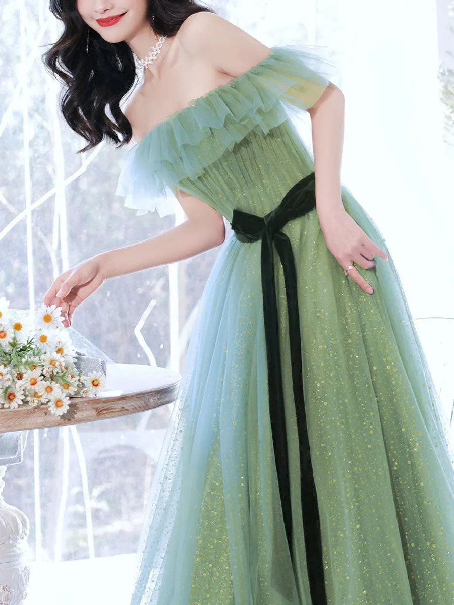 A line Green Long Prom Dresses, Green Tulle Formal Graduation Party Dress