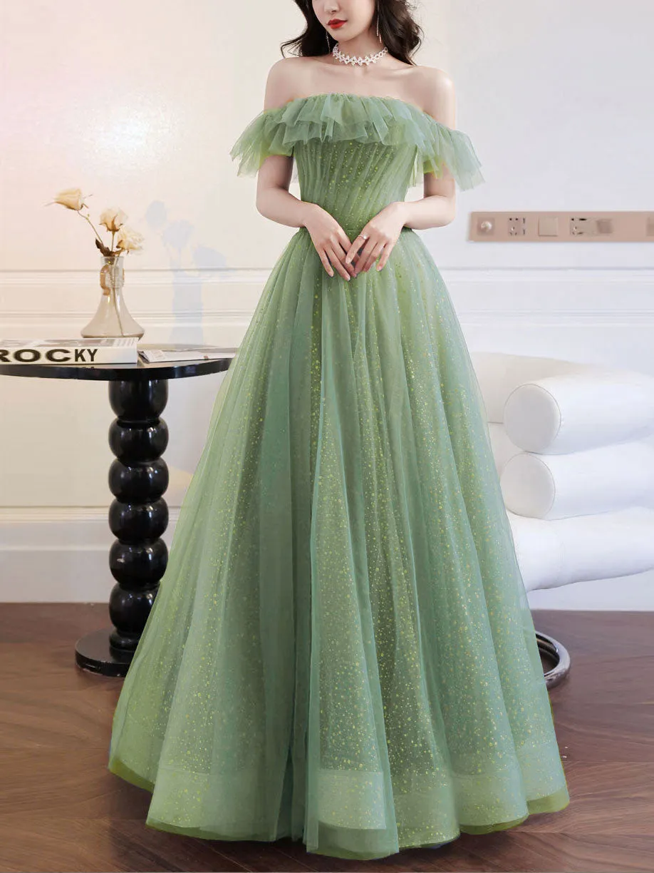 A line Green Long Prom Dresses, Green Tulle Formal Graduation Party Dress