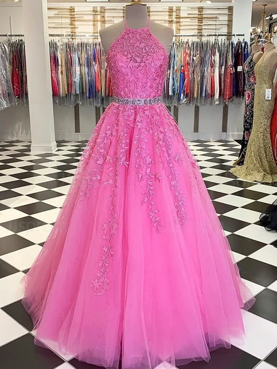 A-line Halter Long Lace Tulle Prom Dresses with Belt Formal Evening Gowns