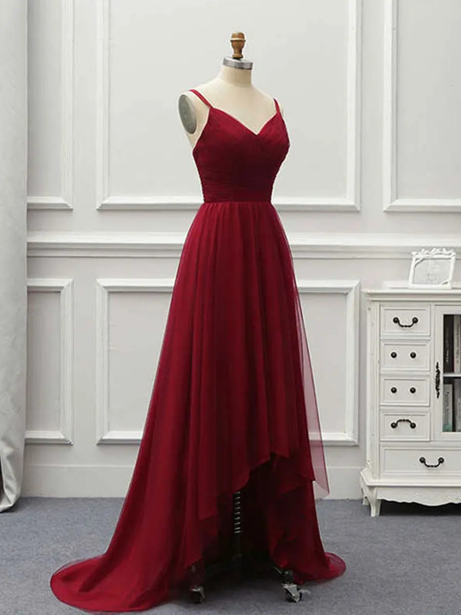 A Line High Low Backless Burgundy Tulle Long Prom Dresses, High Low Burgundy Formal Dresses, Backless Burgundy Evening Dresses