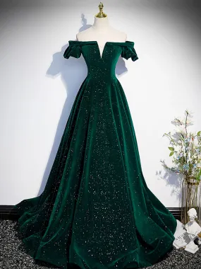 A-Line Off Shoulder Velvet Long Prom Dresses, Green Velvet Graduation Dress