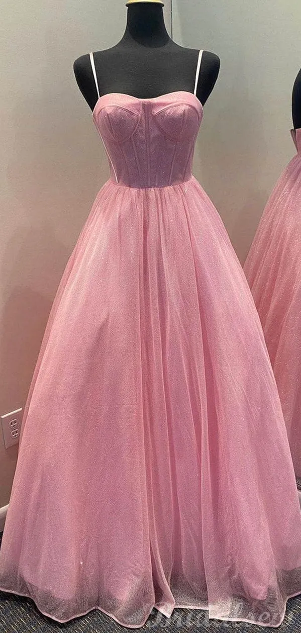 A-line Pink Sparkly Sequin Tulle Long Prom Dresses, Formal Evening Dresses PD263