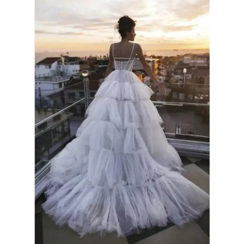 A-Line Pleated Tulle Tiered Floor Length Sleeveless Bridal Gowns