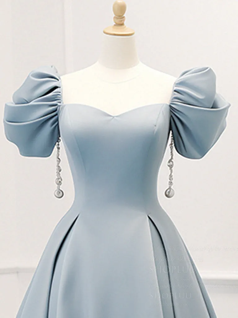 A-Line Puff Sleeves Satin Blue Long Prom Dress, Blue Long Formal Dress