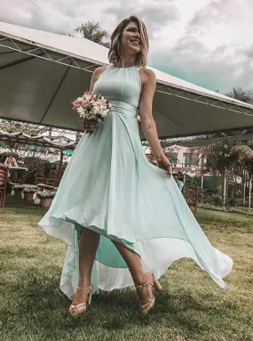 A-Line Round Neck High Low Mint Chiffon Bridesmaid Dress