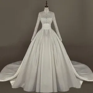 A-Line Satin High Neck Long Sleeves Floor Length Beaded Bridal Gowns