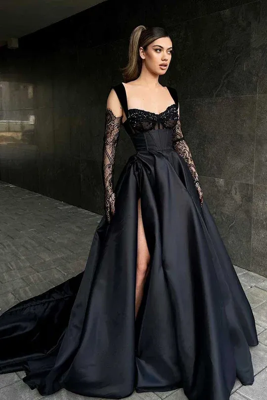 A-line Satin Long Prom Dresses, Beaded Lace Newest 2024 Long Prom Dresses, Black Wedding Dresses