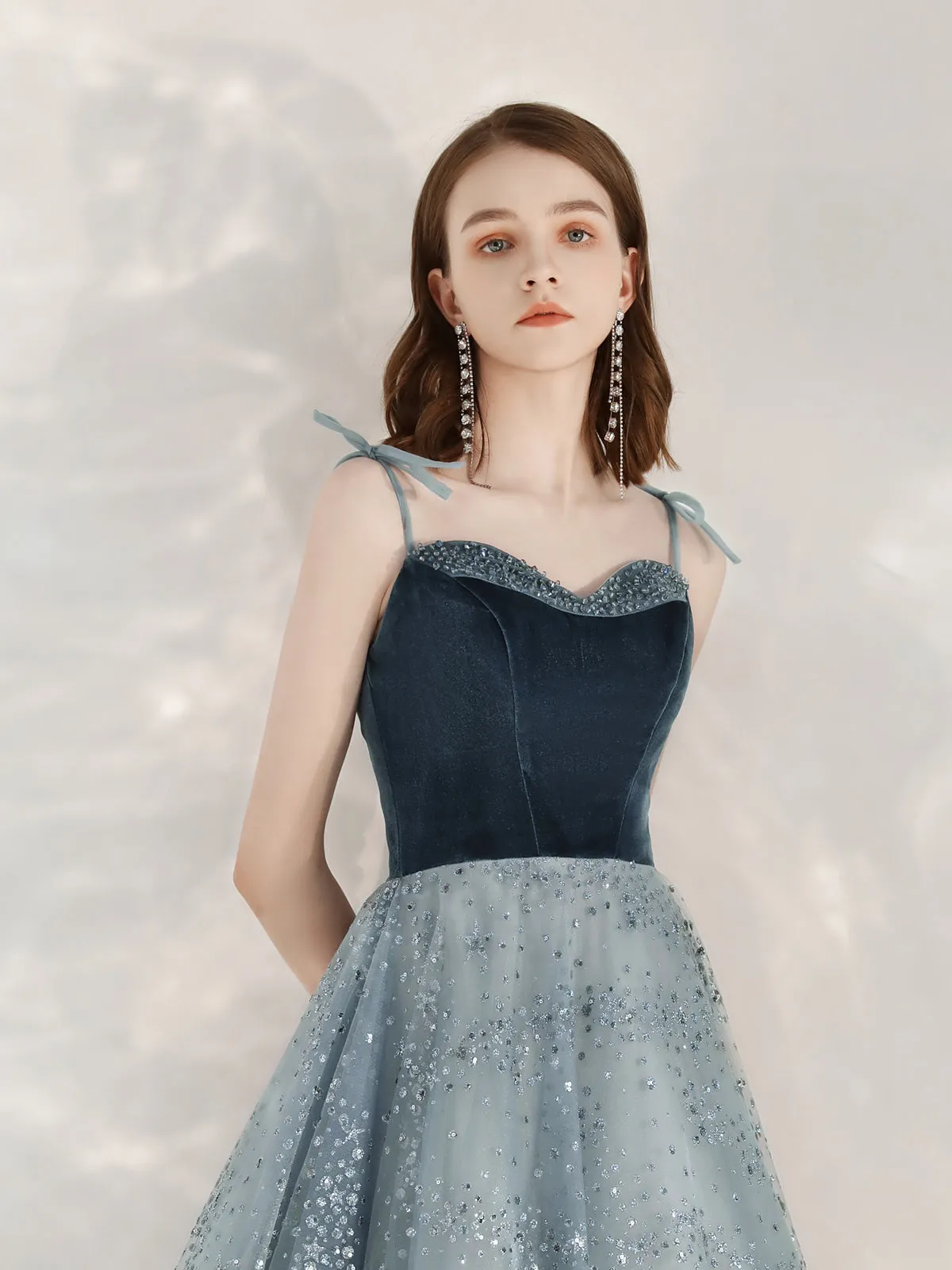 A-Line Sequin Tulle Blue Long Prom Dresses, Tulle Formal Dress with Velvet