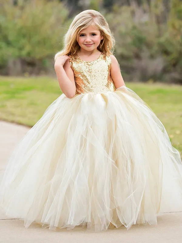 A-line Sequin Tulle Open Back Sleeveless Cute Flower Girl Dresses FG008