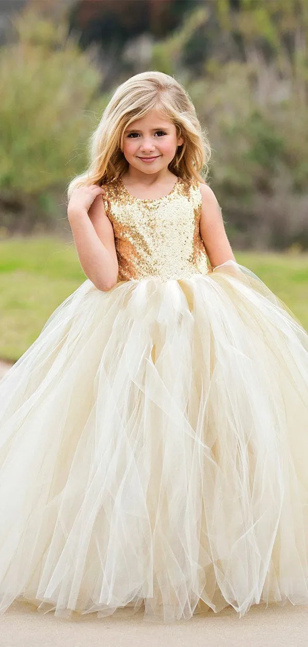 A-line Sequin Tulle Open Back Sleeveless Cute Flower Girl Dresses FG008