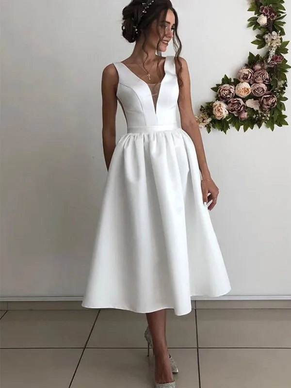 A-line Short Unique Beach Satin Sleeveless Custom Wedding Dresses WD102