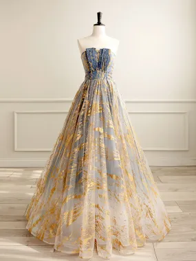 A-Line Tulle Gold/Blue Long Prom Dress, Blue Formal Evening Dress