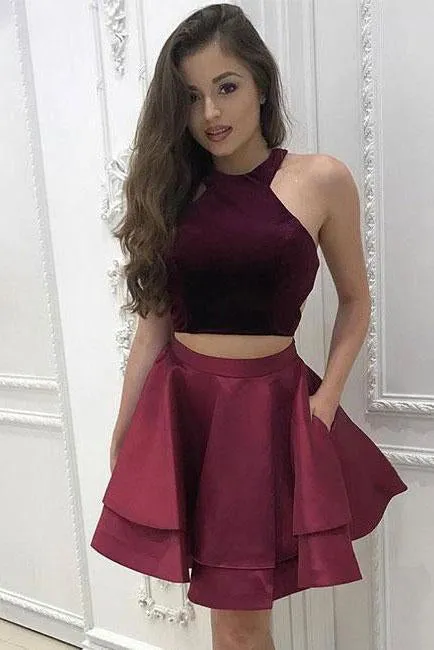 A-Line Two Pieces Scoop Short Satin Burgundy Halter Above Knee Homecoming Dress