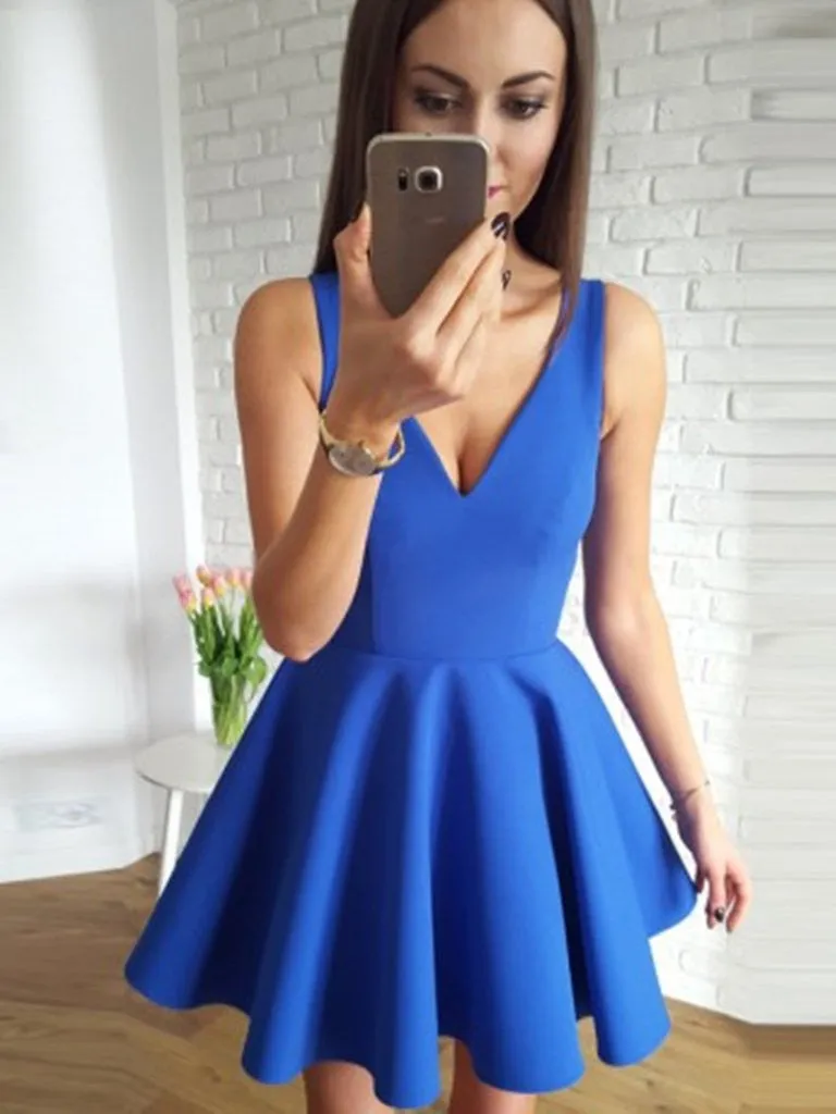 A Line V Neck Blue Prom Dresses, Short Red Prom Dresses, Blue Homecoming Dresses