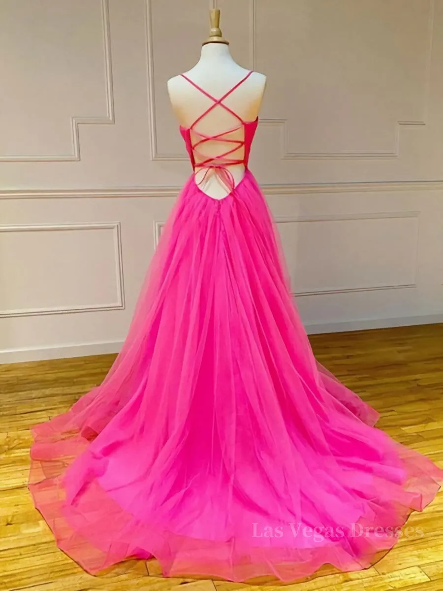 A Line V Neck Hot Pink Long Prom Dresses, V Neck Hot Pink Long Formal Evening Dresses