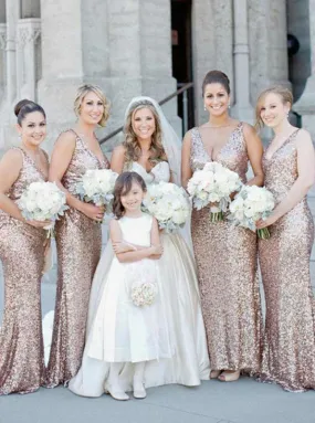 A-Line V-Neck Rose Gold Sweep Train Sequined Bridesmaid Dress