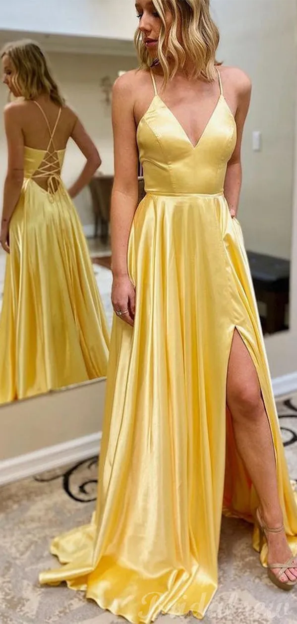 A-line Yellow Spaghetti Straps Simple Modest Long Evening Prom Dresses PD224