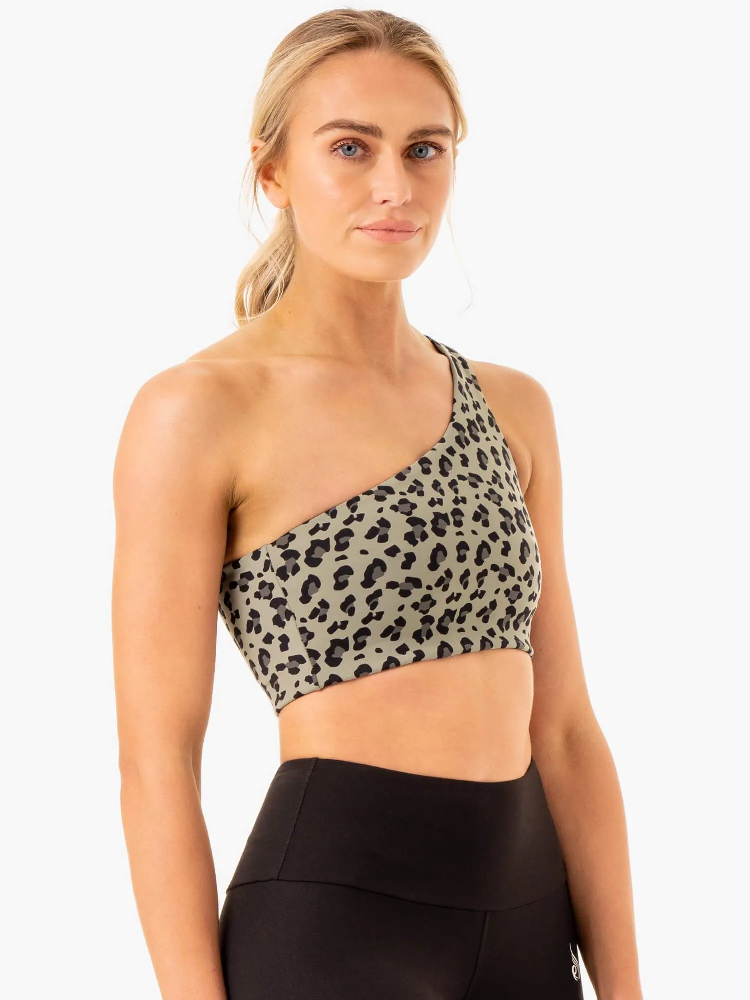 Adapt One Shoulder Sports Bra - Khaki Leopard