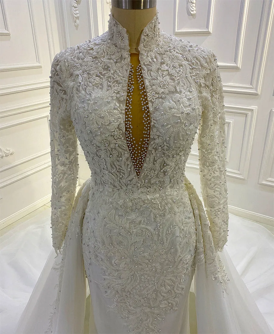 AM812 High Neck Long Sleeve Lace Applique Keyhole Back Detachable Skirt Wedding Dress