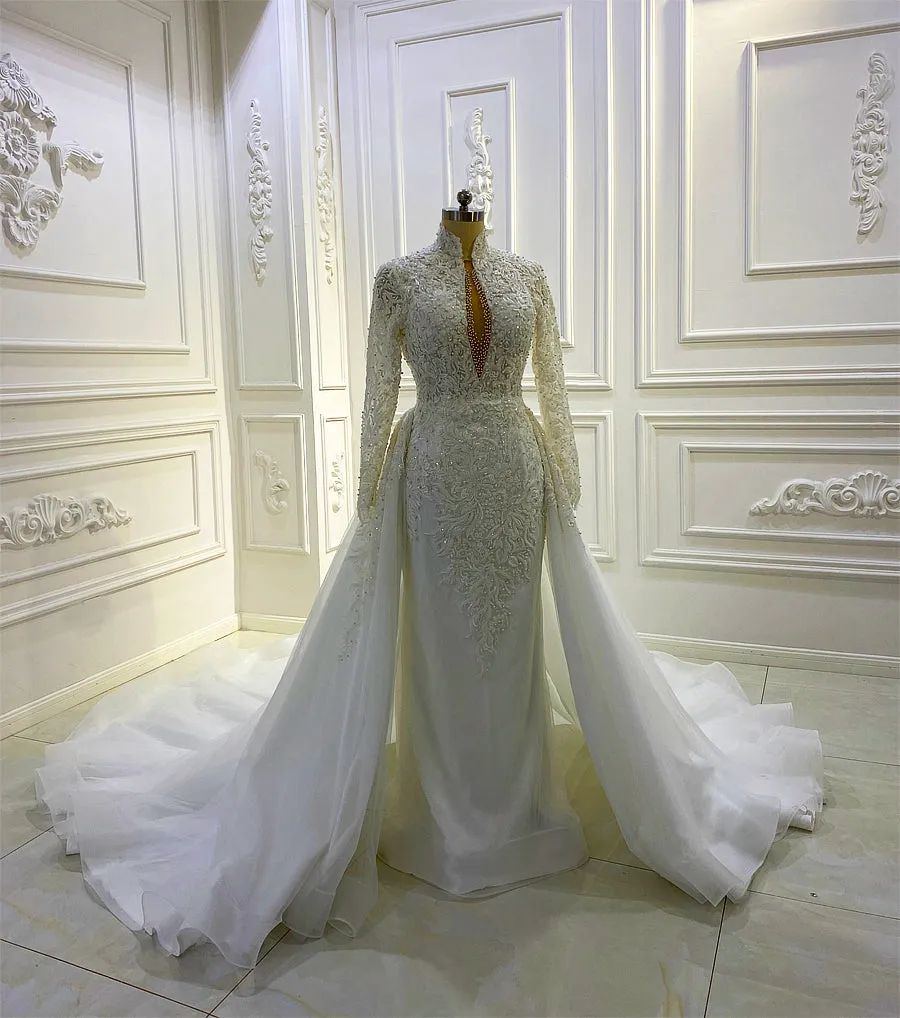 AM812 High Neck Long Sleeve Lace Applique Keyhole Back Detachable Skirt Wedding Dress