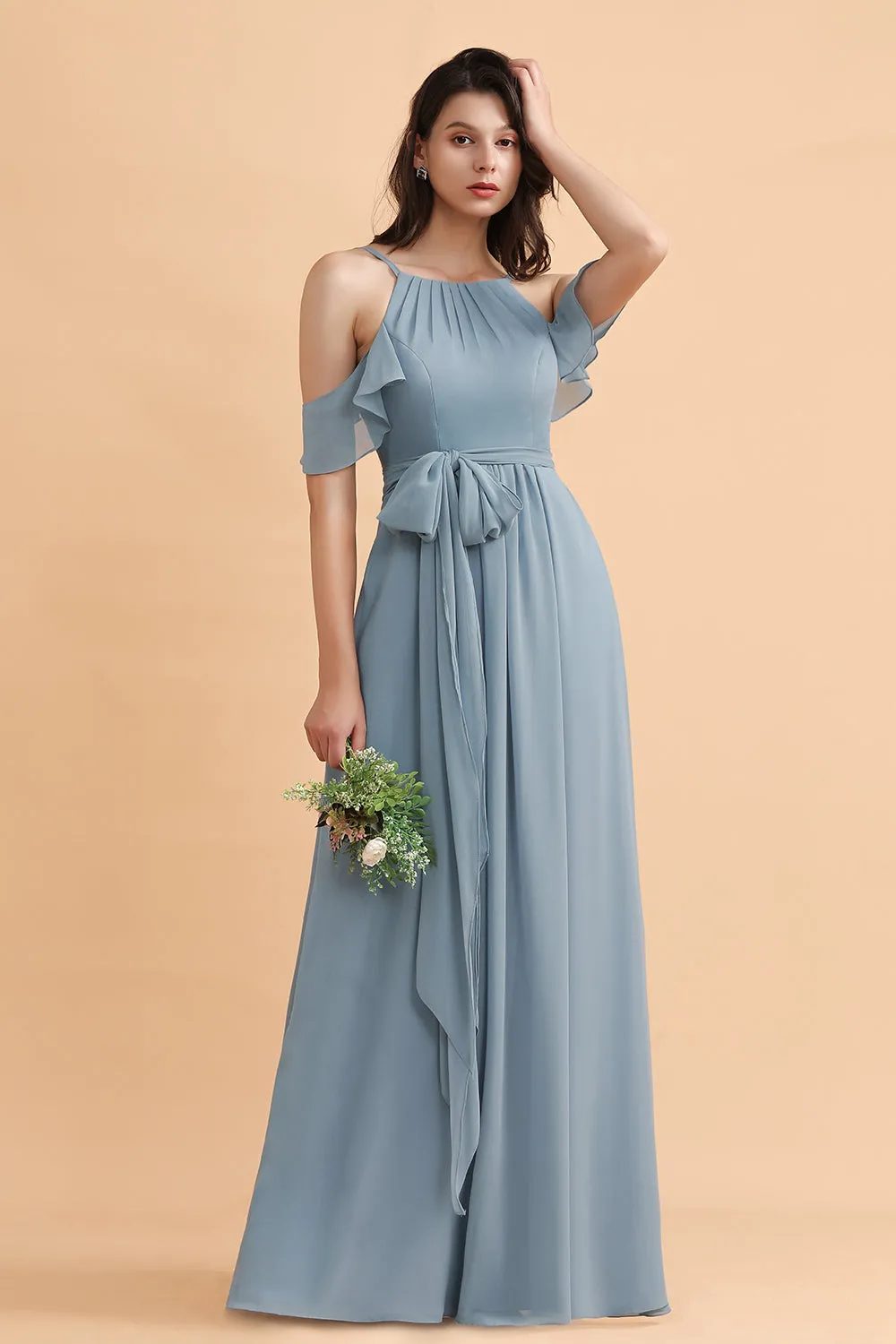 Amazing Long A-Line Off-the-Shoulder Chiffon Grey Blue Bridesmaid Dress With Bowknot