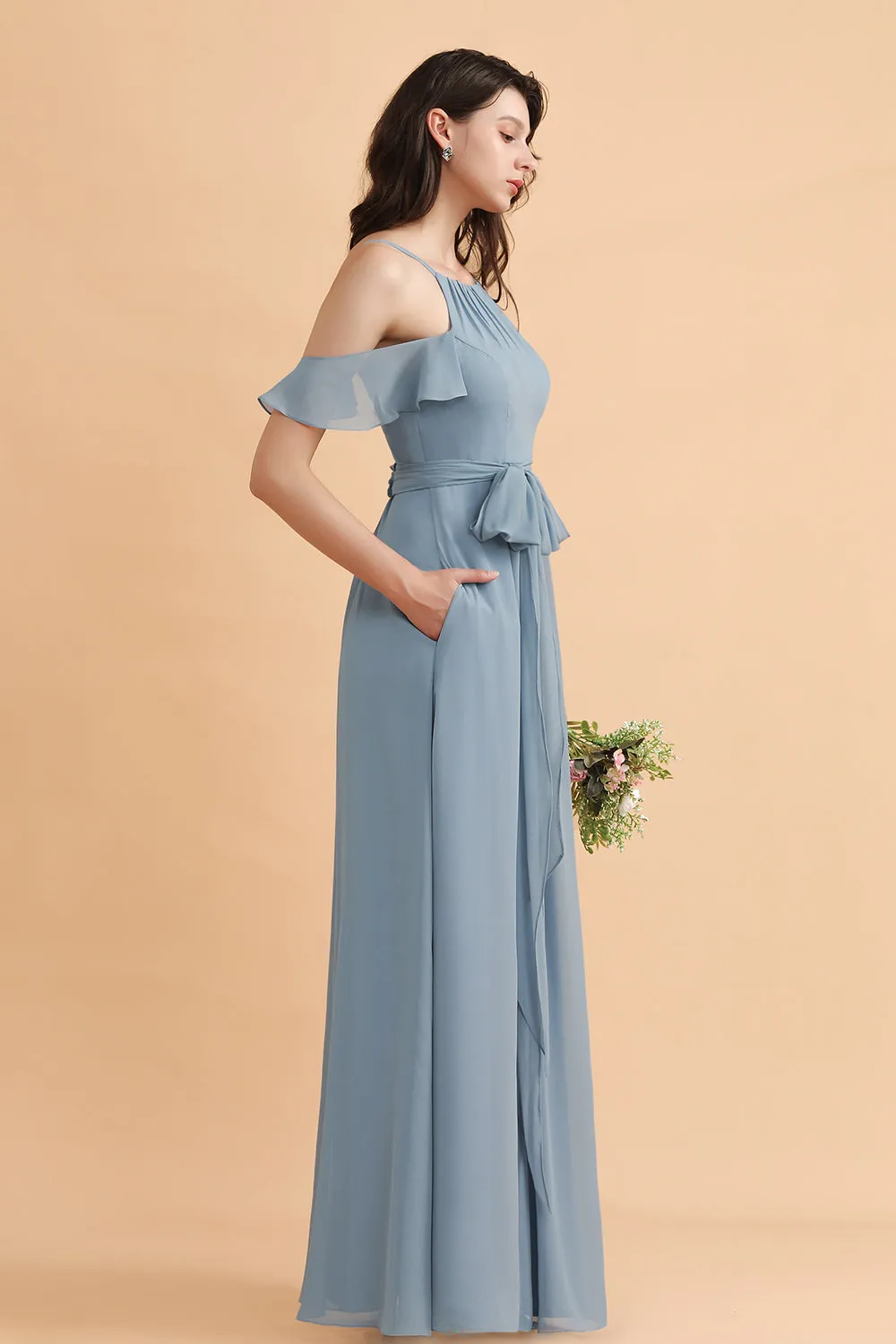 Amazing Long A-Line Off-the-Shoulder Chiffon Grey Blue Bridesmaid Dress With Bowknot