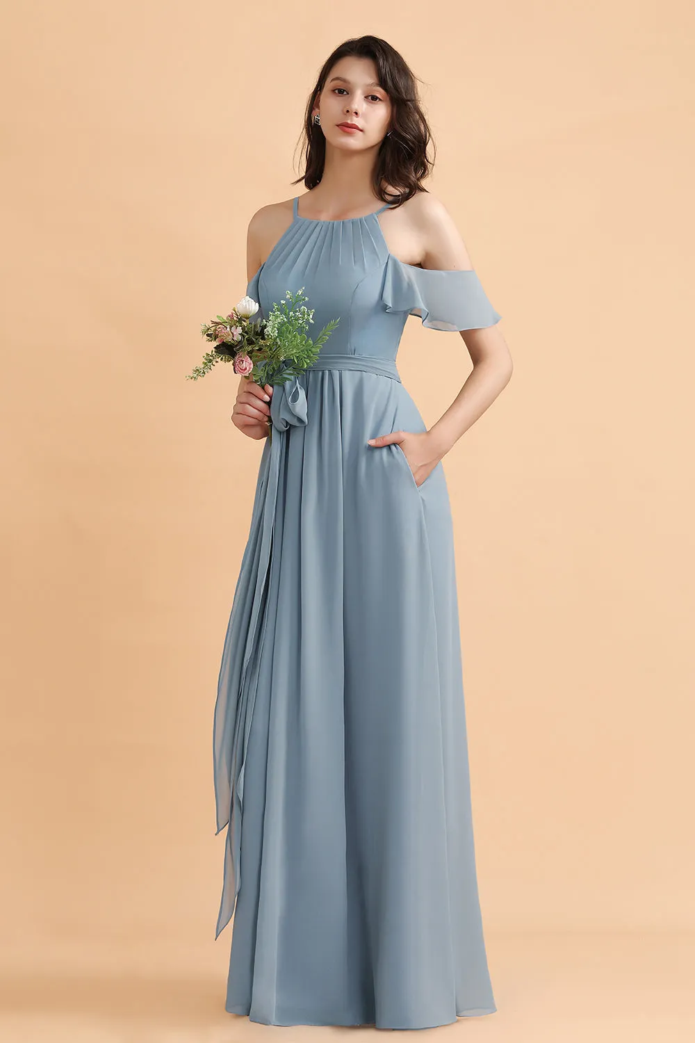 Amazing Long A-Line Off-the-Shoulder Chiffon Grey Blue Bridesmaid Dress With Bowknot