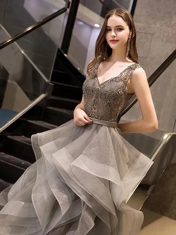 Ball Gown Silver Prom Dress Beading Tulle Sleeveless Evening Dress  ER2031