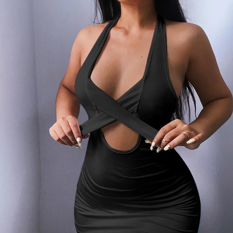 Bandage Halter Neck Backless Mini Dress