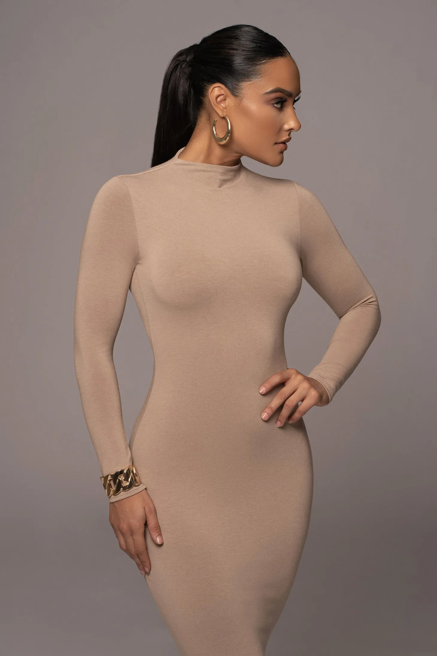 Beige Shaye Mock Neck Dress