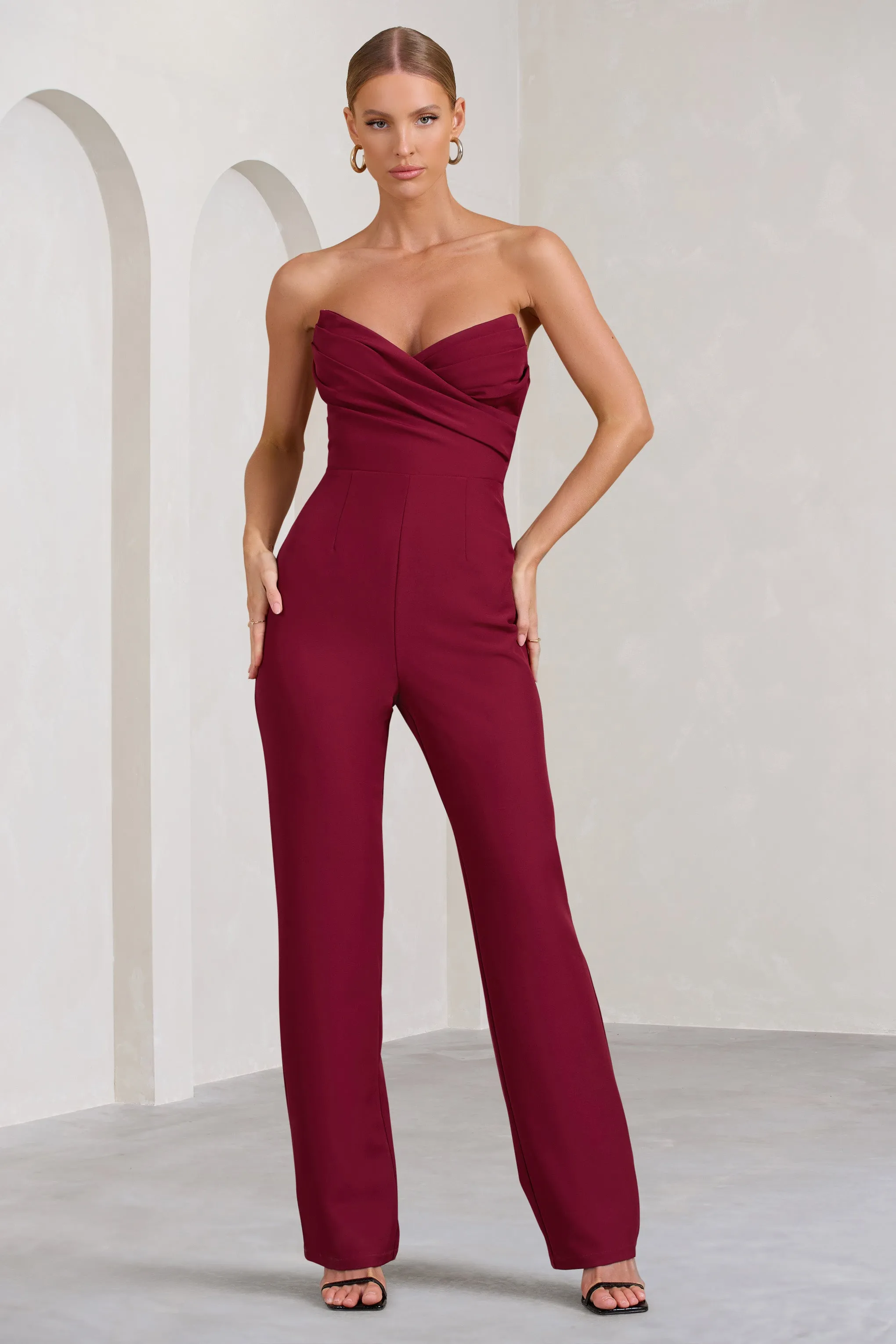 Bellezza | Burgundy Bandeau Corset Wide Leg Jumpsuit