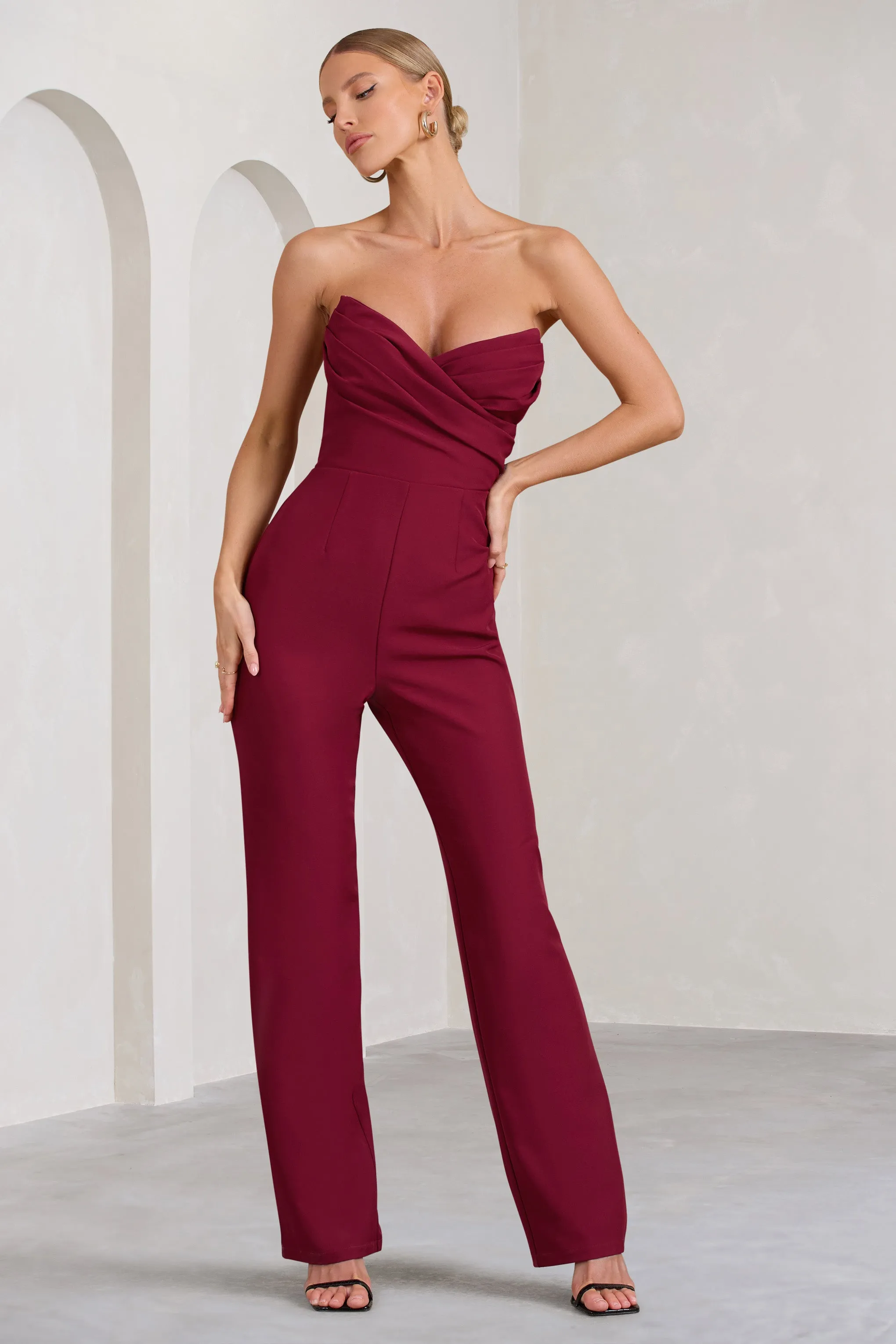 Bellezza | Burgundy Bandeau Corset Wide Leg Jumpsuit