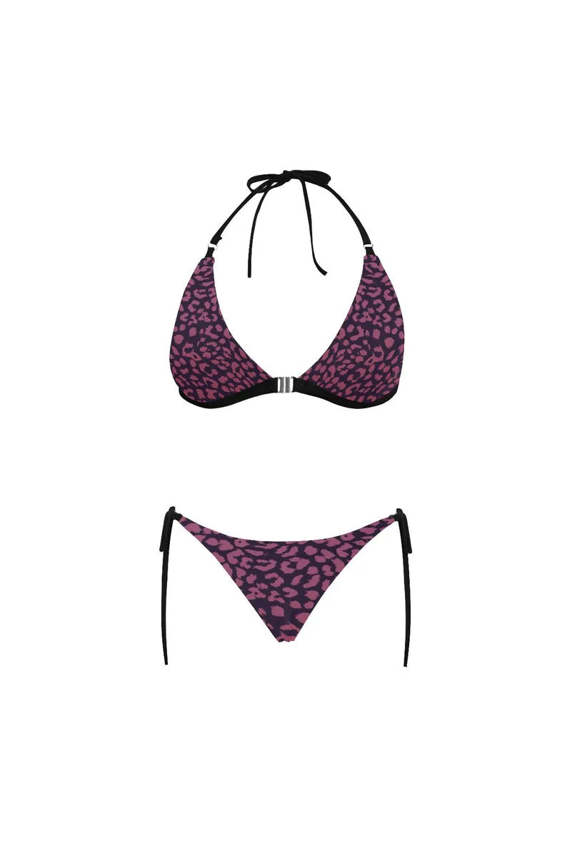 Berry Leopard Buckle Front Halter Bikini Swimsuit