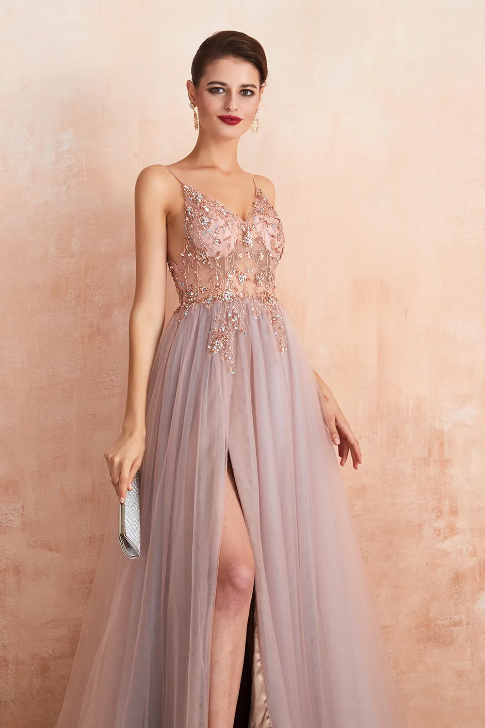 Best Long A-line V-neck Sleeveless Tulle Prom Dress with Slit