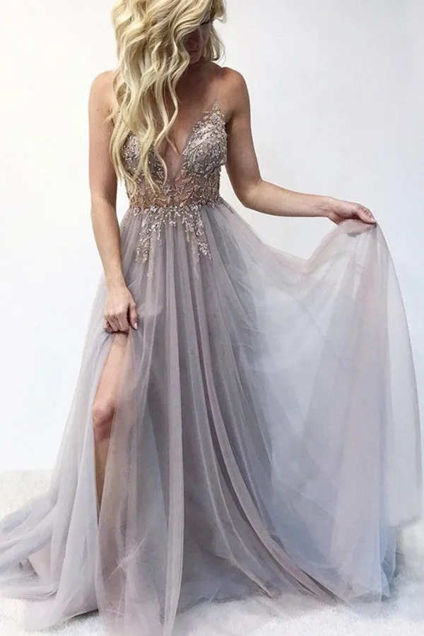 Best Long A-line V-neck Sleeveless Tulle Prom Dress with Slit