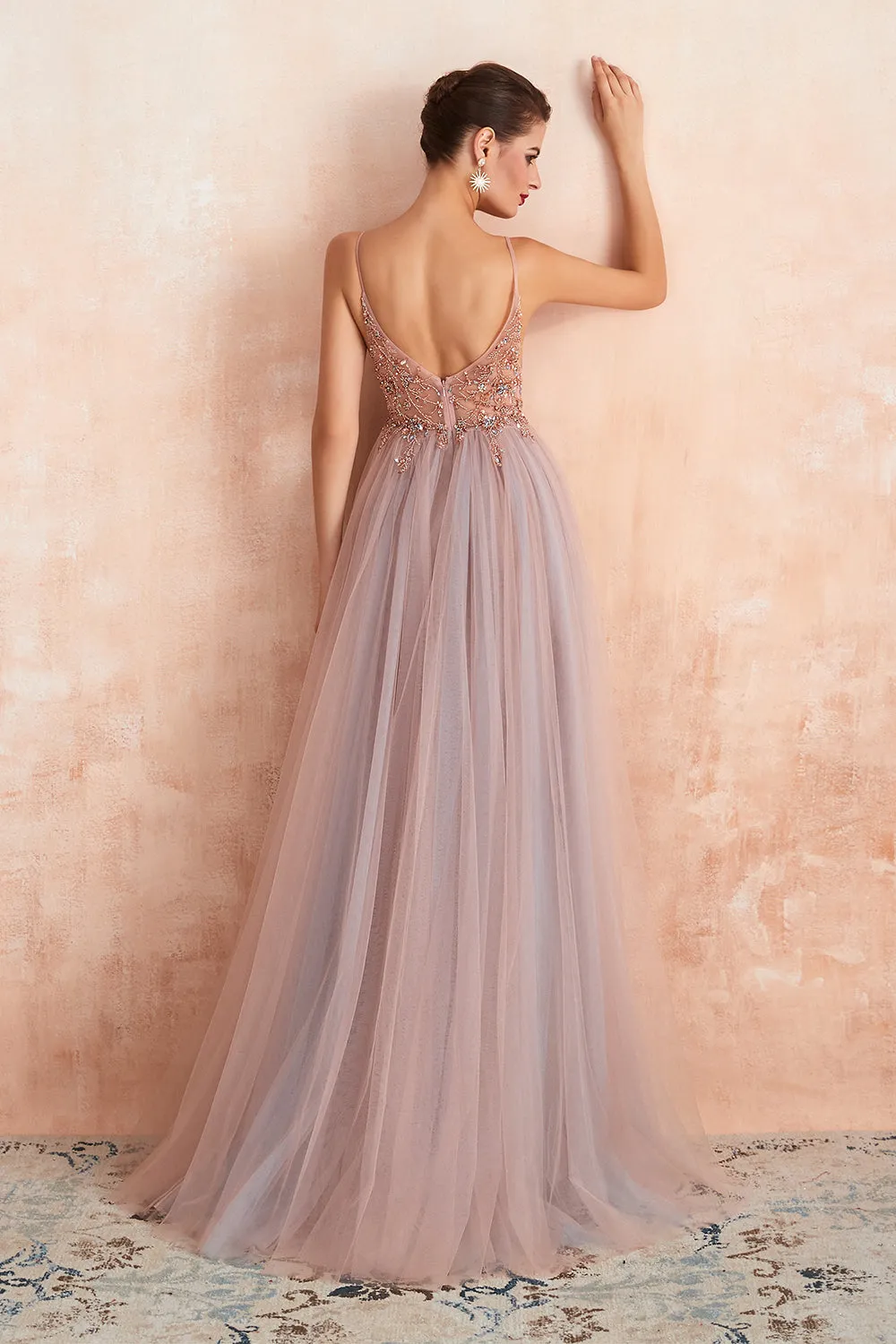 Best Long A-line V-neck Sleeveless Tulle Prom Dress with Slit